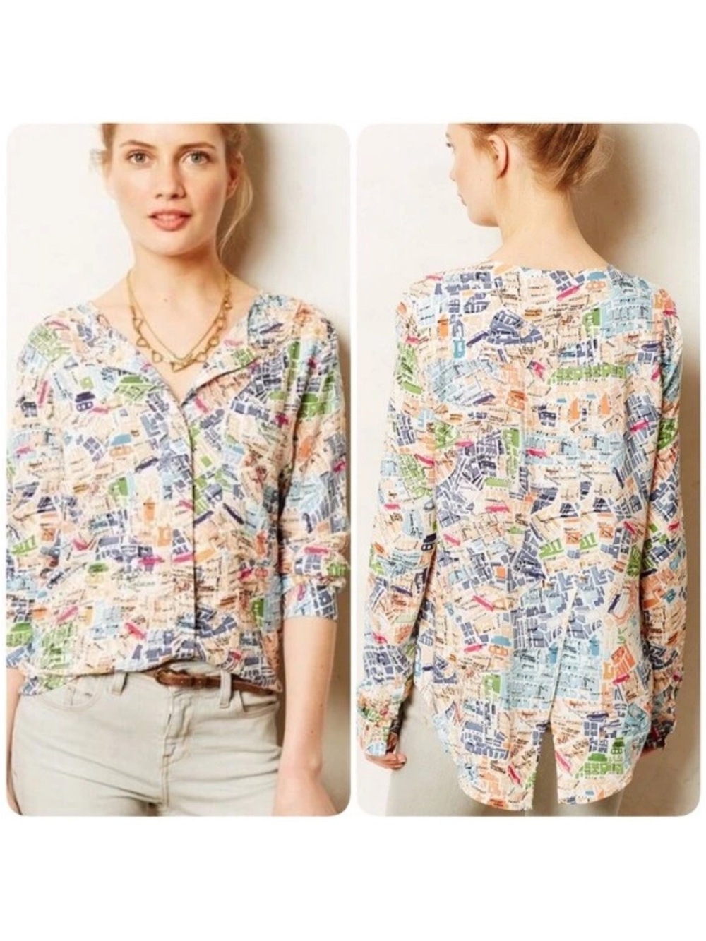 Maeve Multicolor Map-Print Button Down Shirt
